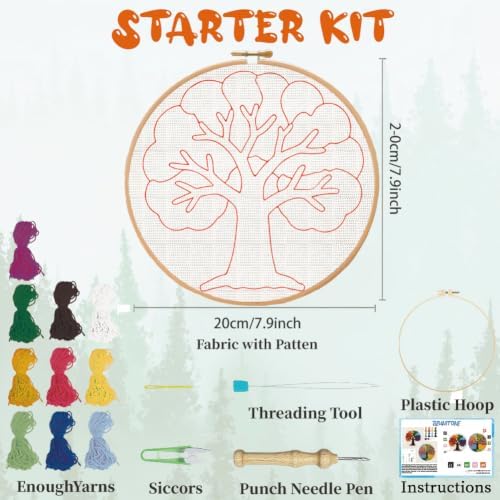 BEUNITONE 2PCS Punch Needle Kit for Adults Beginners, Rainbow Tree of Life Needlepoint Crafts Kit for Adults, Complete Embroidery Starter Kit with Pre-Print Pattern and Hoop for Home Decor 7.9"x7.9" - Image 2