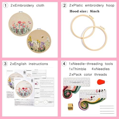 Flowers Embroidery Kits for Beginners Adults, Floral Hand Embroidery Set Needlepoint Kits, Stamped Cross Stitch Kits for Beginners Adults, 2 Embroidery Hoops, Fabric, Thread (Attached Video Tutorial) - Image 6