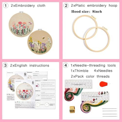 Flowers Embroidery Kits for Beginners Adults, Floral Hand Embroidery Set Needlepoint Kits, Stamped Cross Stitch Kits for Beginners Adults, 2 Embroidery Hoops, Fabric, Thread (Attached Video Tutorial) - Image 6