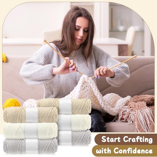 Syhood Hat Knit Set with Yarn Bamboo Needle Pom,White, Khaki White, Khaki - Image 5
