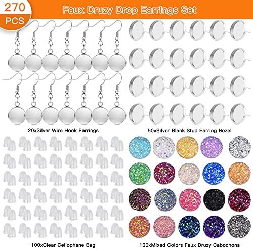 270Pcs Faux Druzy Drop Earrings Set,20Pcs Earrings Wire Hooks Blanks 50Pcs Stud Earring 100Pcs Mixed Color Faux Quartz 100Pcs Rubber Earring Back for DIY Jewelry Making Findings Supplies - Image 2