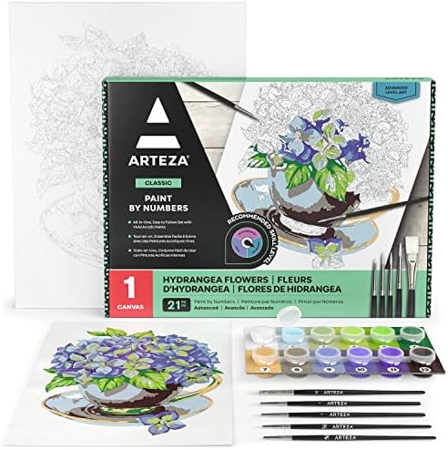 ARTEZA Paint by Number for Adults, 12x16 Inches, 21 Pieces, Hydrangea Flowers Paint by Numbers Kit, 1 Canvas Panel, 12 Acrylic Paint Pots, 5 Paintbrushes, Art Supplies for Home & Office Decor by ARTEZA