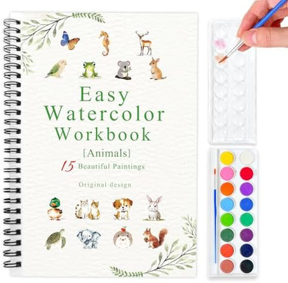 SLWBZ Watercolor Workbook Animals, 15 Different Patterns of Original DIY Designs, 16 Color Watercolor Paint Plates with Palette and Brush, Beginner-Friendly Watercolor Workbooks, Animals by Unknown
