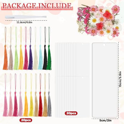 20 Sets Dried Flower Bookmark Making Kit Transparent Bookmark DIY Projects Craft Gift Bulk PET Sticker with Color Tassels and tweezer for Classroom Activities Reading Award and Book Lovers（Summer） - Image 2