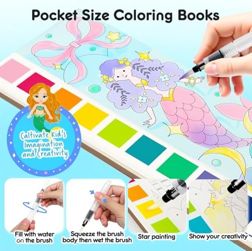 ROOCHKD Watercolor Painting Coloring Books Pocket Watercolor Paint Bookmarks, Mess Free Paint with Water Set, Travel Class Activities Art Party Favors Exchange Birthday Gifts for Kids (Mystic meraid) - Image 3