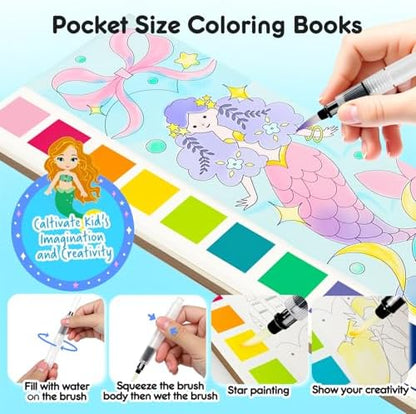 ROOCHKD Watercolor Painting Coloring Books Pocket Watercolor Paint Bookmarks, Mess Free Paint with Water Set, Travel Class Activities Art Party Favors Exchange Birthday Gifts for Kids (Mystic meraid) - Image 3