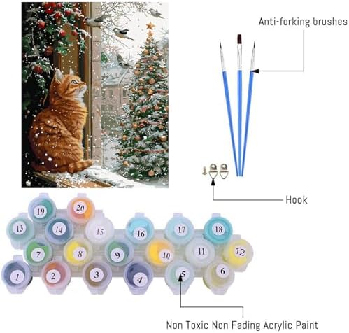 Cat Paint by Numbers Kit for Adults,Winter Painting by Numbers,DIY Acrylic Paint Kit for Adults Beginners Without Frame,Easy Christmas Adult Paint by Number Kits on Canvas for Decor 16x20inch - Image 6