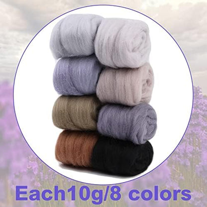 Wonvoc Needle Felting Wool 2.82oz /80g, 8 Colors Wool Roving (Grey) - Image 2