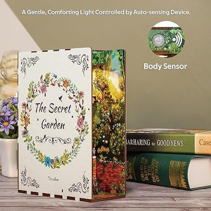 Tonecheer DIY Book Nook Kit for Adults, 3D Wooden Puzzle Bookend Bookshelf Insert Decor, Booknook Miniature House Kit with Body Motion Sensor LED Light (The Secret Garden) - Image 3