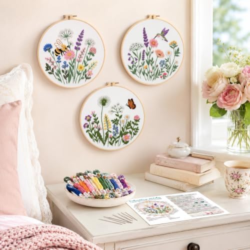 Nuberlic Embroidery Kit for Beginners, 3 Pack Floral Stamped Embroidery Starter Kit with Hoop, Pre Printed Flower Patterns, Threads, Needles and Step by Step Instructions, DIY Needlework Gift - Image 6