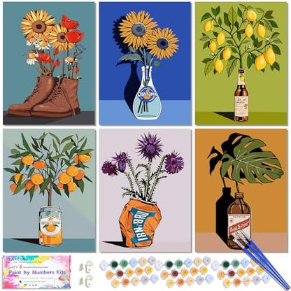 TINY FUN 6 Pack Paint by Numbes kit for Adults Beginners DIY Paint by Numbers Acrylic Paint Canvas Colorful Flowers Painting Kits Art Craft Gift for Home Decor16x20 Inch（Without Frame） by TINYFUN-PremiumDiamondPaintingKits