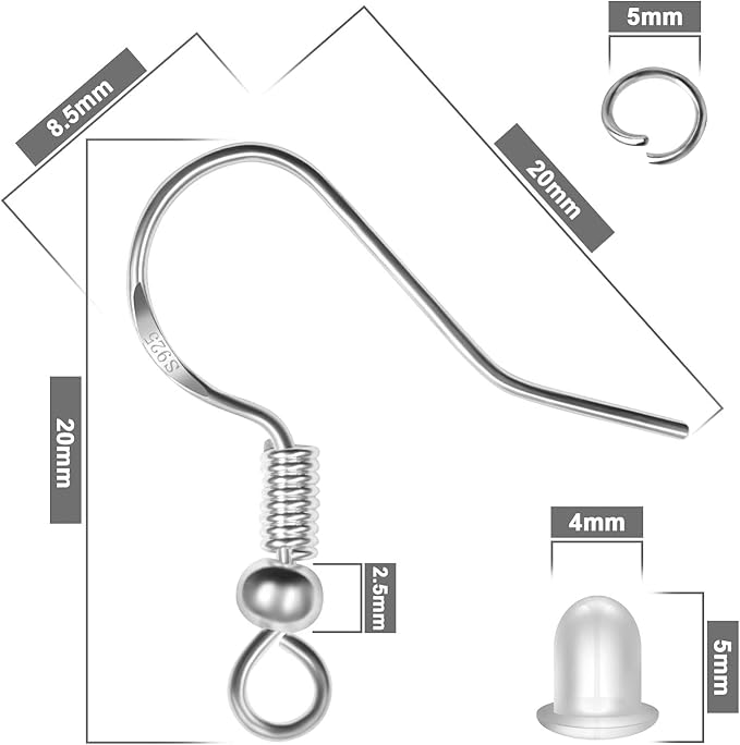925 Sterling Silver Earring Hooks, 750PCS Earring Hooks Kit 250PCS/125Pairs Hypoallergenic Earring Hooks with 250PCS Silver Open Jump Rings and 250PCS Rubber Earring Backsfor Jewelry Making