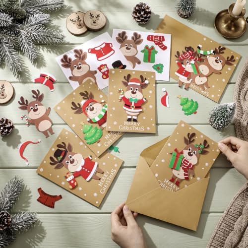 Dispowreath 24 Pcs DIY Christmas Card Making Kits with Envelopes DIY Christmas Craft Make Your Own Reindeer Greeting Card Making Supplies for Holiday Xmas Party Decoration Favor - Image 4