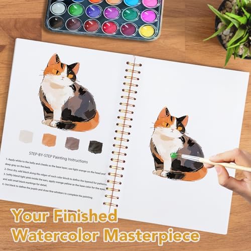 Easy Watercolor Workbook for Beginners - 12 Beautiful Step-by-Step Paintings Water Coloring Book, Includes 18 Colors Paints, Relaxing Art Projects and Creative Gift for Adults & Teen (Cats) - Image 6