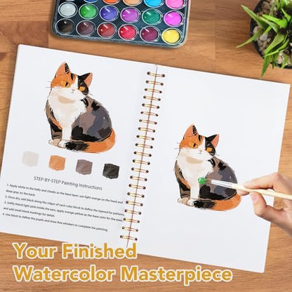 Easy Watercolor Workbook for Beginners - 12 Beautiful Step-by-Step Paintings Water Coloring Book, Includes 18 Colors Paints, Relaxing Art Projects and Creative Gift for Adults & Teen (Cats) - Image 6