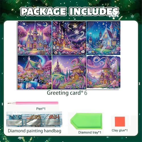 DIZAKIM 6-Piece Christmas-Themed Diamond Painting Greeting Cards Christmas Eve DIY Craft Kit Birthday Gift (Castle) - Image 3
