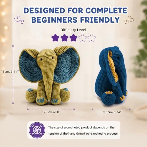 JYZJDKE Crochet Kit for Beginners Adults - DIY Amigurumi Elephant Knitting Starter Kit with Yarn Sets, Crochet Animal Kit Cute Stuffed Animal Craft Birthday Gifts (Dark Blue+Ginger Elephant) - Image 4