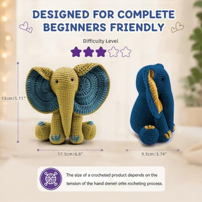 JYZJDKE Crochet Kit for Beginners Adults - DIY Amigurumi Elephant Knitting Starter Kit with Yarn Sets, Crochet Animal Kit Cute Stuffed Animal Craft Birthday Gifts (Dark Blue+Ginger Elephant) - Image 4