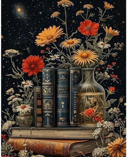 Paint by Numbers Kit for Adults, Vintage Books and Wildflower, 16 x 20 Inch by GEEHEIY