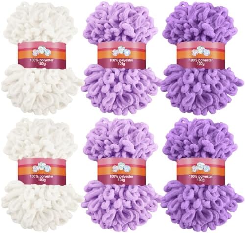 Threlaco 6 Skeins Loop Yarn for Finger Knitting, White, Purple by Threlaco
