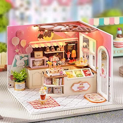 CUTEROOM DIY Miniature House Kit - Mini Craft Rooms for Adults with LED Lights, Realistic Mini Dollhouse Kit Building Model Kit, Creative Home Decor Gift- Ice Cream Shop - Image 4