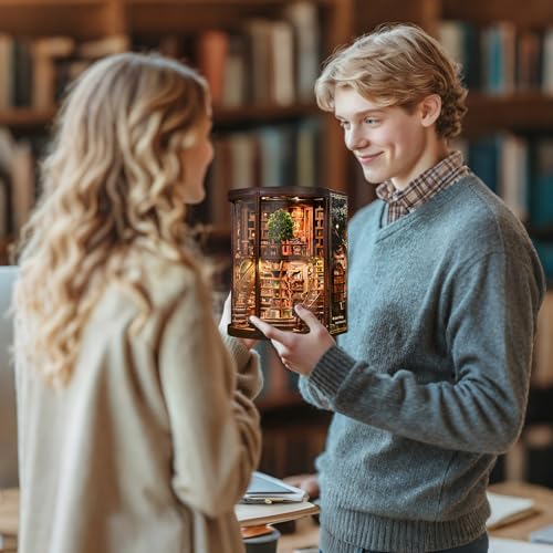 Cylinder 2-Story Book Nook Kit with Spiral Staircase, Open-Front Miniature Library, Wooden DIY Bookshelf Insert for Creative Adults & Home Décor - Image 4