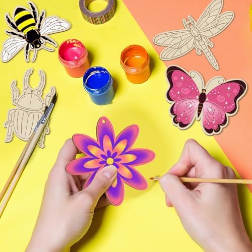 Sophena 80PCS Wooden Spring Ornaments to Paint, 8 Styles DIY Blank Unfinished Wood Insect Cutouts Ornament for Crafts Hanging Decorations, Dragonfly Butterfly Flower Shape Home Decorations Gifts - Image 2