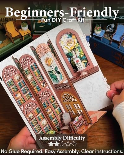 2-in-1 Book Nook Kit – Garden Library NOOKBOOX by ROSELYZIA – DIY Miniature House Craft Kit Dollhouse and 3D Wooden Puzzle with Color-Changing LED Light – Bookshelf Decor Gift for Adults & Teens - Image 6