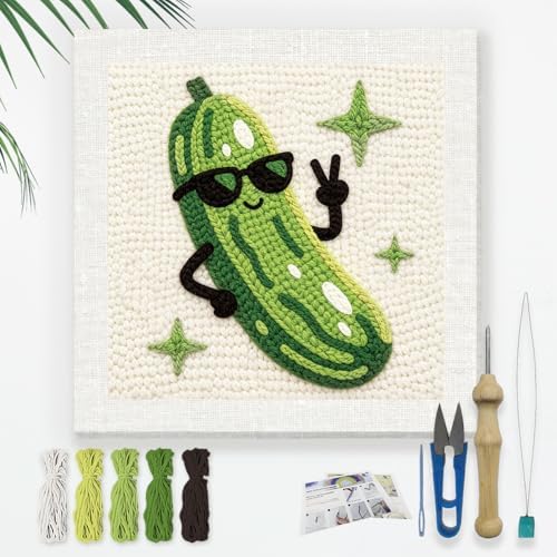 Doodlream Cool Vegetable Needle Kit for Beginner, 9.4"x 9.4" Funny Cucumber Punch Stitching Craft Set, DIY Embroidery Starter with Printed Frame, Instruction, Threader, Yarn, Pinch Needle by Doodlream