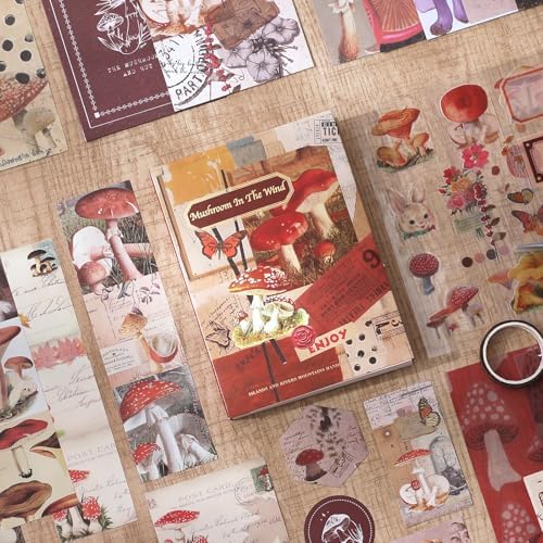 Scrapbook Photo Album Supplies Kit with Tweezers and Glue Tape – Vintage Aesthetic Junk Journaling Set, Scrapbooking Paper, Sticker Pack, Notebook, Stationery Kit, Gift for Adults Teens (Mushroom) - Image 3