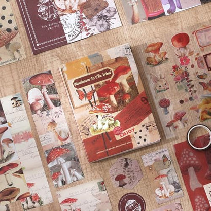 Scrapbook Photo Album Supplies Kit with Tweezers and Glue Tape – Vintage Aesthetic Junk Journaling Set, Scrapbooking Paper, Sticker Pack, Notebook, Stationery Kit, Gift for Adults Teens (Mushroom) - Image 3