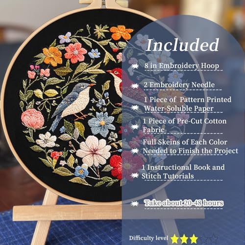 FONNUY Embroidery Kit for Beginners, Birds with Flowers Pre-Stamped Pattern Kits for Adults with Hoop, Easy to Follow Color Thread Needlework, 8'' Hoop (Red) - Image 3