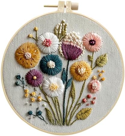 JJFox Embroidery Kit for Beginners and Adults, DIY Hand Embroidery Starter Kit with Cute Pattern, Cross Stitch Needlepoint Set with Hoop, Threads and Instructions (Flower) by JJFox