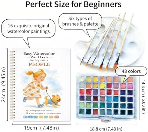 Watercolor Workbook for Beginners – People, 16 Original Watercolor Projects, Watercolor Kit with 48 Colors Paint Set, 6 Brushes & Palette, Watercolor Workbook for Adults,Creative Art Gift - Image 2