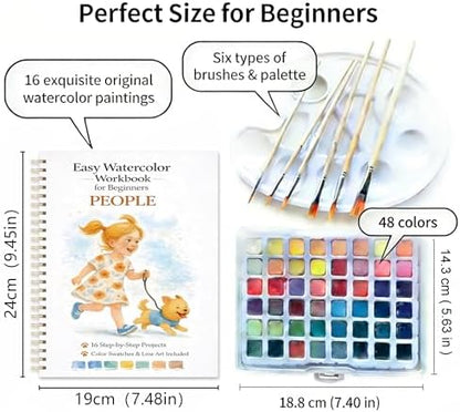 Watercolor Workbook for Beginners – People, 16 Original Watercolor Projects, Watercolor Kit with 48 Colors Paint Set, 6 Brushes & Palette, Watercolor Workbook for Adults,Creative Art Gift - Image 2
