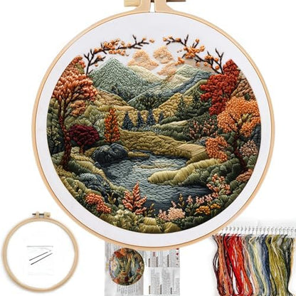 FONNUY Embroidery Kit for Beginners, Boho Nature Landscape Pre-Stamped Pattern Kits for Adults with Hoop, Easy to Follow Color Thread Needlework, 8'' Hoop (Flowers Hills) by FONNUY