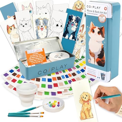 COIPLAY Watercolor Craft Kit, Paint Set, 648 Color Blocks, 52 Coloring Bookmarks, Meow & Bark Cat Dog Theme, Travel Gift for Kids & Adults by COIPLAY