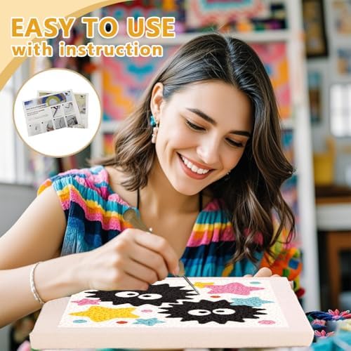 Doodlream Cute Black Elves Needle Kit for Beginner, 9.4"x 9.4" Color Star Punch Stitching Craft Set, DIY Embroidery Starter with Printed Frame, Instruction, Threader, Yarn, Pinch Needle - Image 3