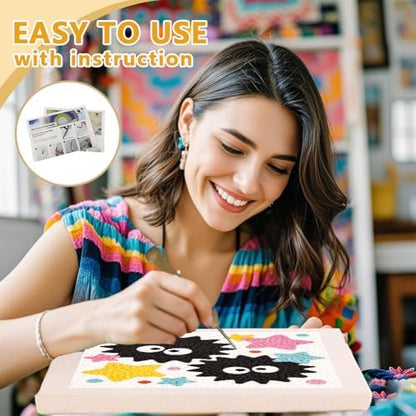 Doodlream Cute Black Elves Needle Kit for Beginner, 9.4"x 9.4" Color Star Punch Stitching Craft Set, DIY Embroidery Starter with Printed Frame, Instruction, Threader, Yarn, Pinch Needle - Image 3