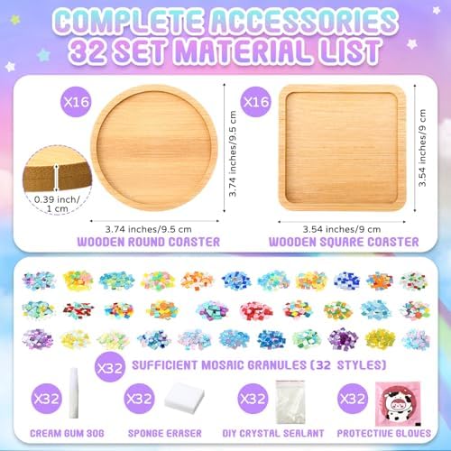 Reallnaive 32 Sets Mosaic Coaster Kit with Glass Tiles,Colorful Style - Image 2