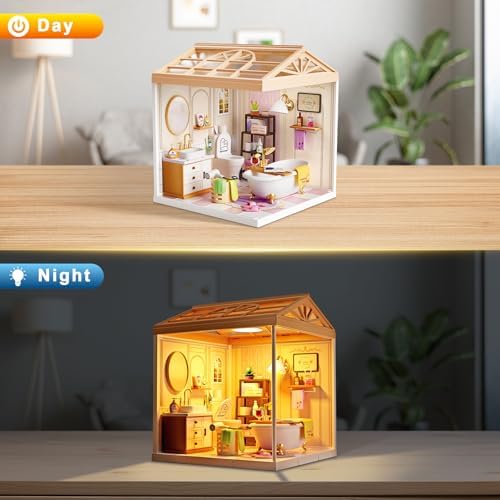 Cozy Bathroom DIY Miniature House Kit for Adults, 3D Dollhouse with LED Light & Dustproof Door, Stackable Connectable Display Case, Creative Gift for Self-Care Lovers Teens Women - Image 4