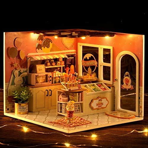 CUTEROOM DIY Miniature House Kit - Mini Craft Rooms for Adults with LED Lights, Realistic Mini Dollhouse Kit Building Model Kit, Creative Home Decor Gift- Ice Cream Shop - Image 3