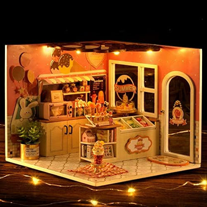 CUTEROOM DIY Miniature House Kit - Mini Craft Rooms for Adults with LED Lights, Realistic Mini Dollhouse Kit Building Model Kit, Creative Home Decor Gift- Ice Cream Shop - Image 3