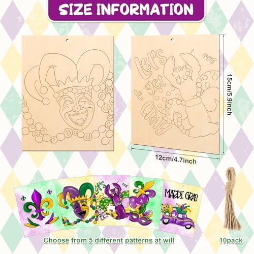 COCHIE 10 Pieces Large Mardi Gras Unfinished Wood Crafts to Paint for Adults, Bulk Predrilled Wooden Ornaments for Painting, Butterflies Paintable Wood Slices Craft Supplies with Ropes - Image 2