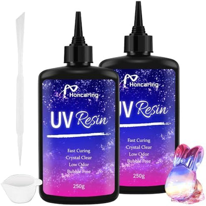 Honcaring UV Resin 500g, Clear Beginner-Friendly Kit with Silicone Tools, Upgraded Formula & Crystal Clear for Jewlery Making, Craft, 250g*2 Resin UV Kit for Earring, Pendant, DIY by Honcaring