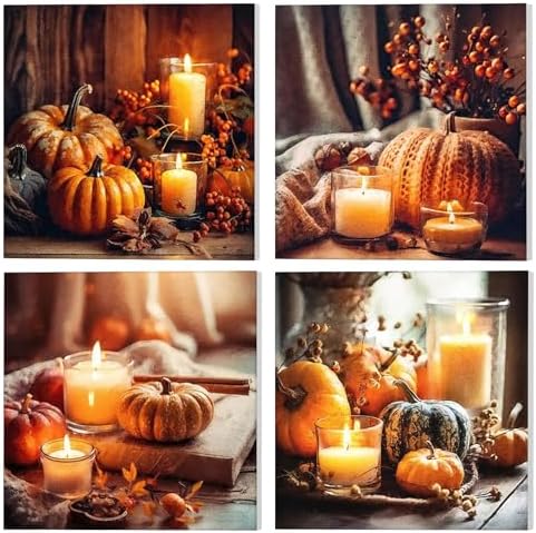 GHHKUD 4 Pack Pumpkin Candles Paint by Numbers Kits for Adults with Frame, DIY Halloween Paint by Numbers for Beginners, Painting by Numbers on Canvas Gifts for Home Decor 20x20cm by GHHKUD