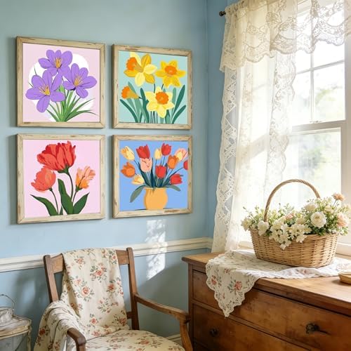 Canrichshop 4-Pack Framed Flowers Paint by Numbers Kit for Adults Beginner & All Ages 8-12 and More,Oil Painting by Numbers for Kids, DIY Number Paint Decor Present 8X 8 inch - Image 4