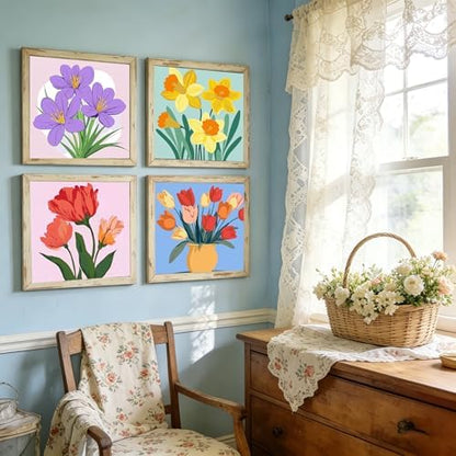 Canrichshop 4-Pack Framed Flowers Paint by Numbers Kit for Adults Beginner & All Ages 8-12 and More,Oil Painting by Numbers for Kids, DIY Number Paint Decor Present 8X 8 inch - Image 4