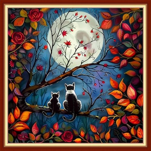 Joyhoor Stamped Cross Stitch Kits for Beginners, Needlepoint Kits for Adults, 11CT Counted Embroidery Kits-Cats Admiring the Moon 18x18 inchs by JoyhoorCrossStitchKits