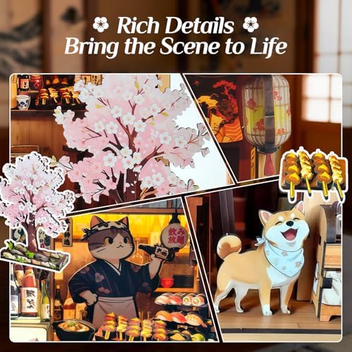 Book Nook Kit, DIY Miniature House Kit for Adults & Teens, Japanese Street Shop Scene Bookshelf Insert Decor with LED, 3D Wooden Puzzle Gift for Book Lovers (Sakura Street Shop) - Image 5